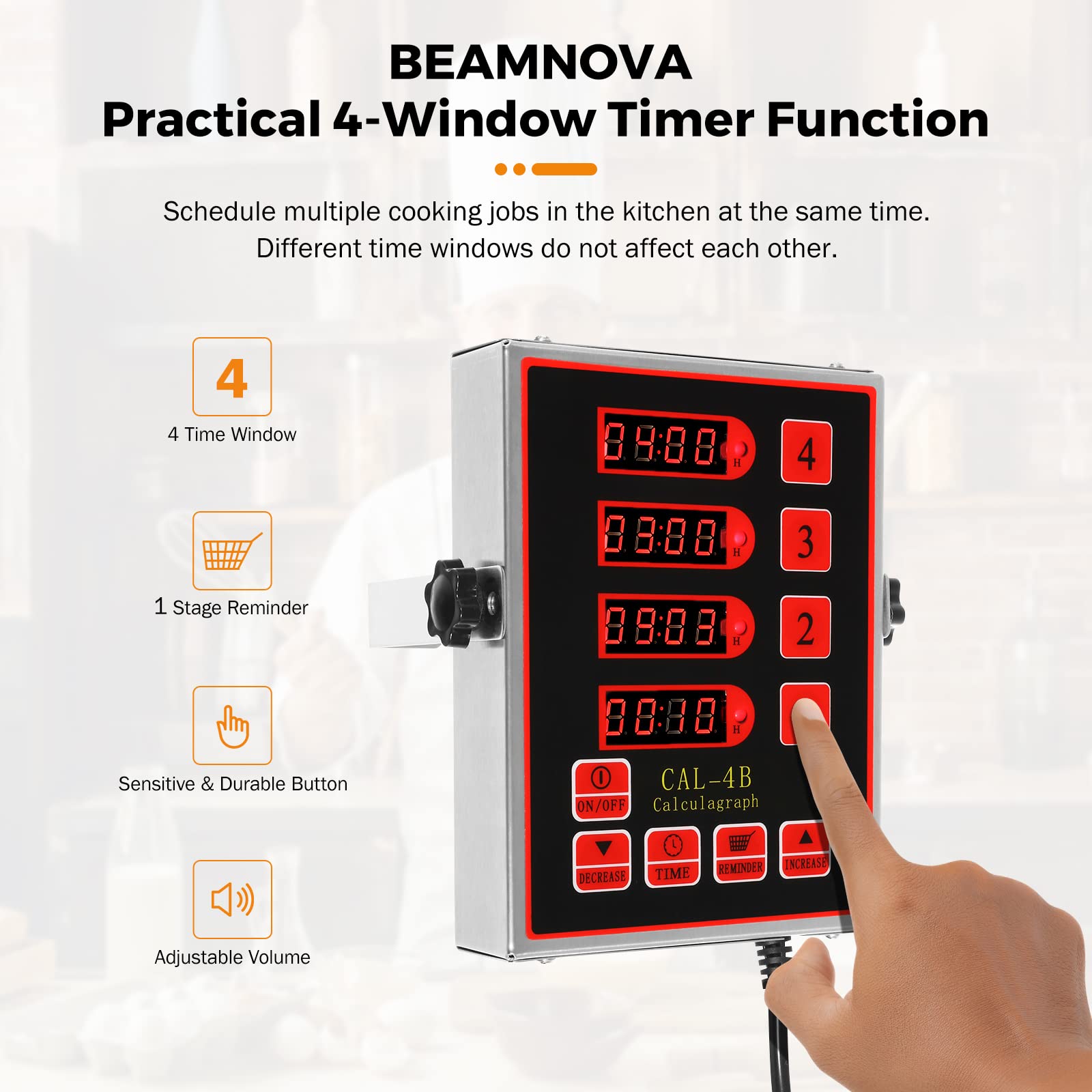 Beamnova 4 Channel Digital Kitchen Timer Cooking Loud Alarm Stainless Steel Clock Hours And Minutes Seconds Volume Control Elect